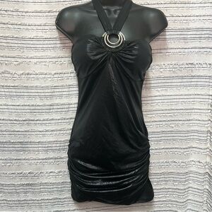 Going Out Black Halter Mini Dress Metallic Stretch Ruched Bodycon Club Party M